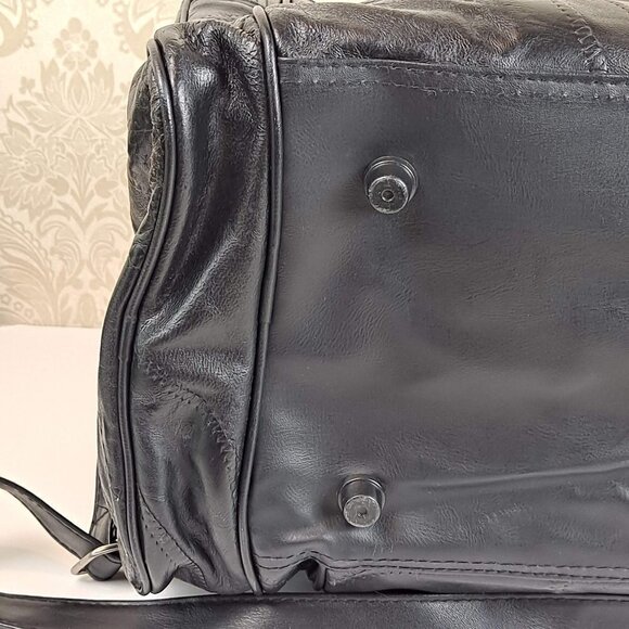 Genuine Black Leather Patchwork Duffel Bag With Adjustable Strap Multi Pockets - Picture 10 of 16
